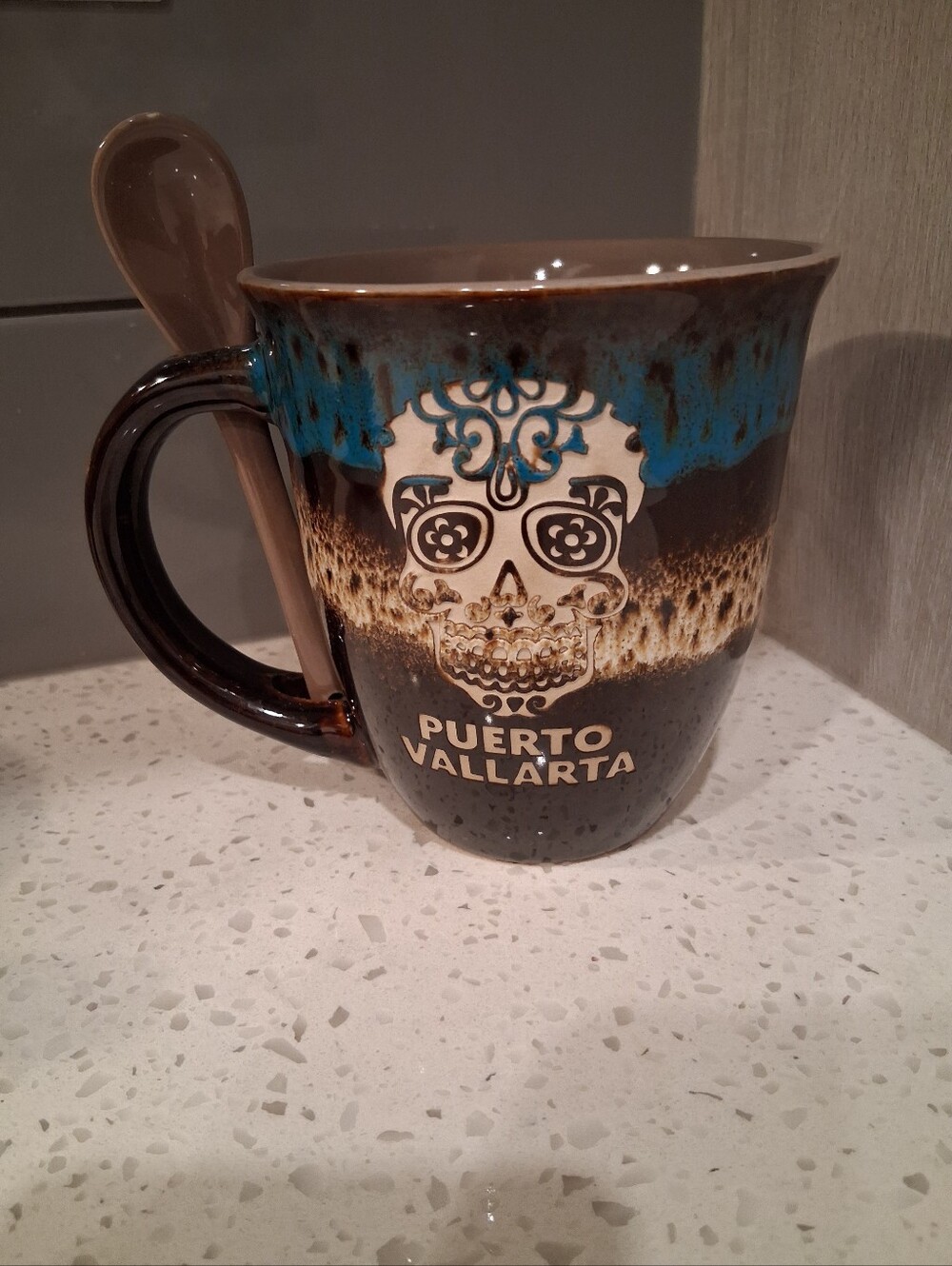 Puerto Vallarta Brown & Turquoise Ceramic Sugar Skull Mug with Spoon